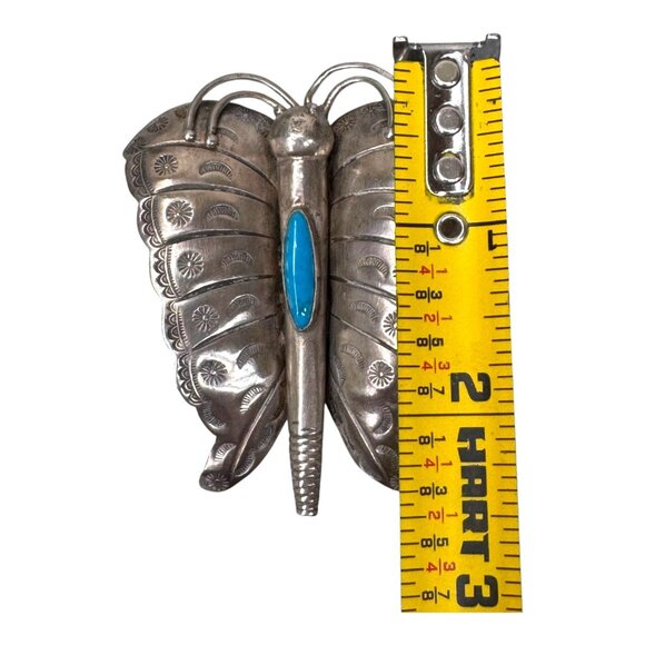 Vintage Navajo Detail Sterling Silver Turquoise Butterfly Moth Insect Brooch Pin - Picture 4 of 5